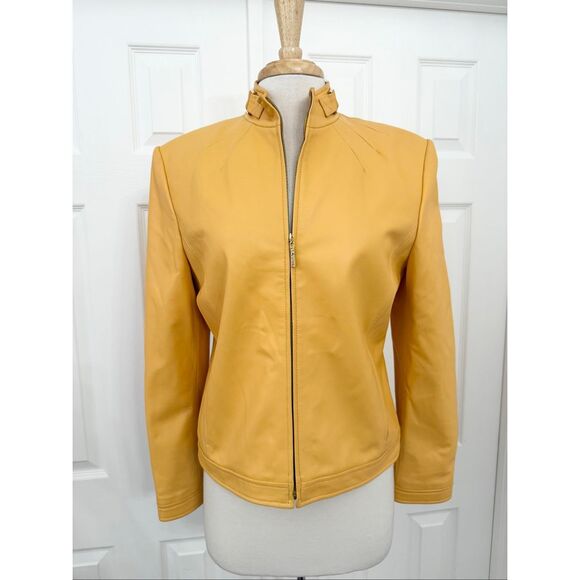 St. John Sport Marie Yellow Gold Mock Neck Full Zip Leather Jacket Size Medium - Picture 1 of 13